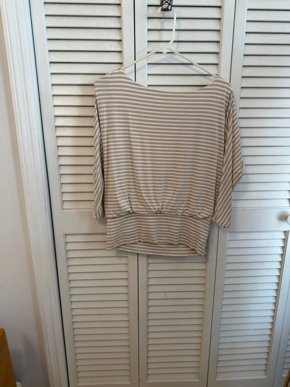 White House Black Market Beige and White Striped Boatneck Top